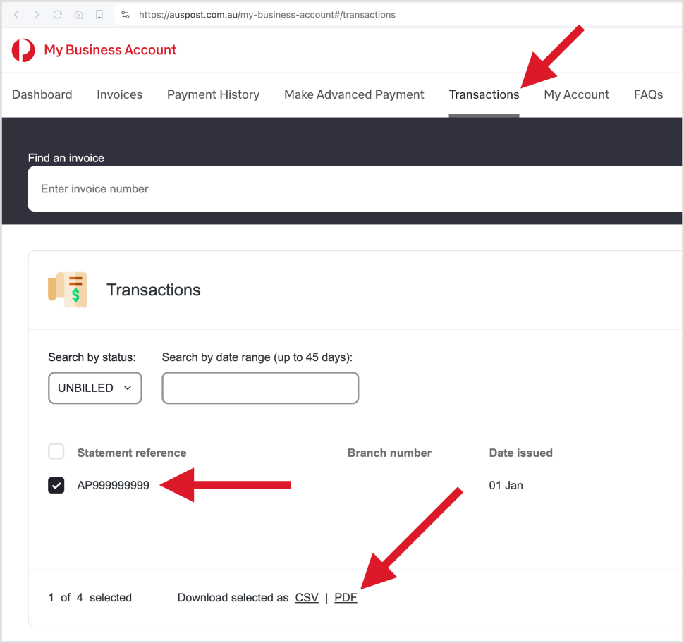 My Business Account 'Transactions' page, under the 'Statement reference' column, showing a statement reference selected with 'PDF' download link.