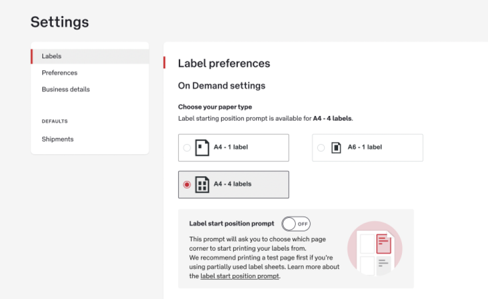 The ‘Choose your paper type’ section offers four options on separate buttons. They are ‘A4 – 1 label, plan paper’, ‘A4 – 4 labels, plain paper’, ‘A6 – 1 label, plain paper’, and ‘A4 – 4 labels, pre-printed'.