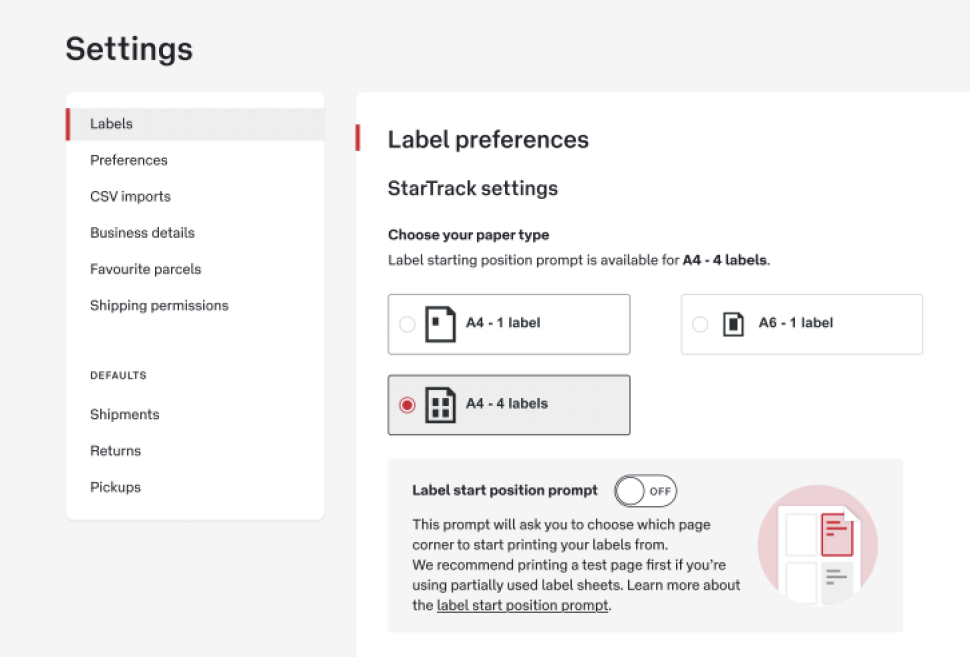 The ‘Choose your paper type’ section offers four options on separate buttons. They are ‘A4 – 1 label, plan paper’, ‘A4 – 4 labels, plain paper’, ‘A6 – 1 label, plain paper’, and ‘A4 – 4 labels, pre-printed'.