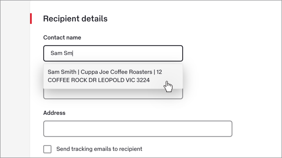 The Contact Name field with the name ’Sam‘ typed in. Below the field is a dropdown menu below which shows Sam’s name, business name, and address.