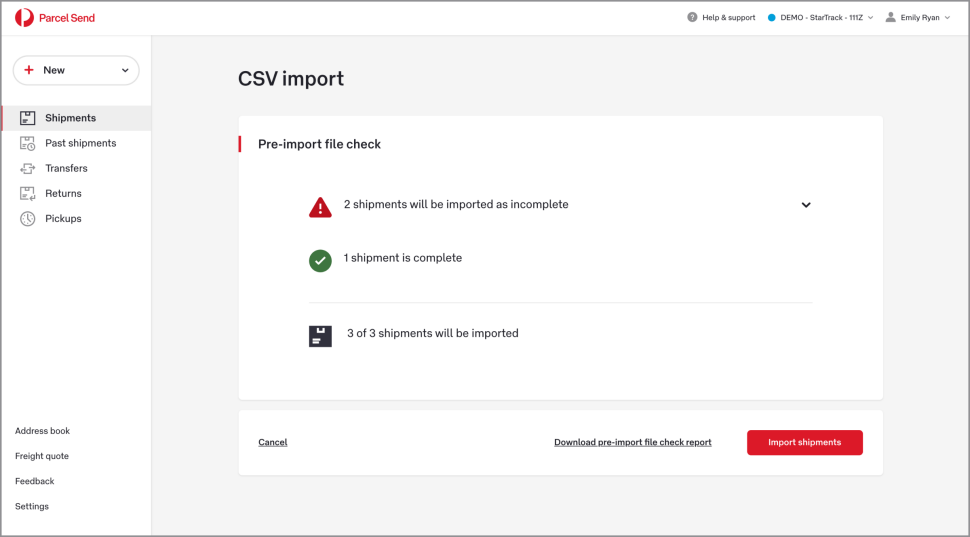 The pre-import file check screen shows a red exclamation mark next to text that says ’2 shipments will be imported as incomplete’ and a green tick next to text that says ’1 shipment is complete’. Below that is text that says ’3 of 3 shipments will be imported’.