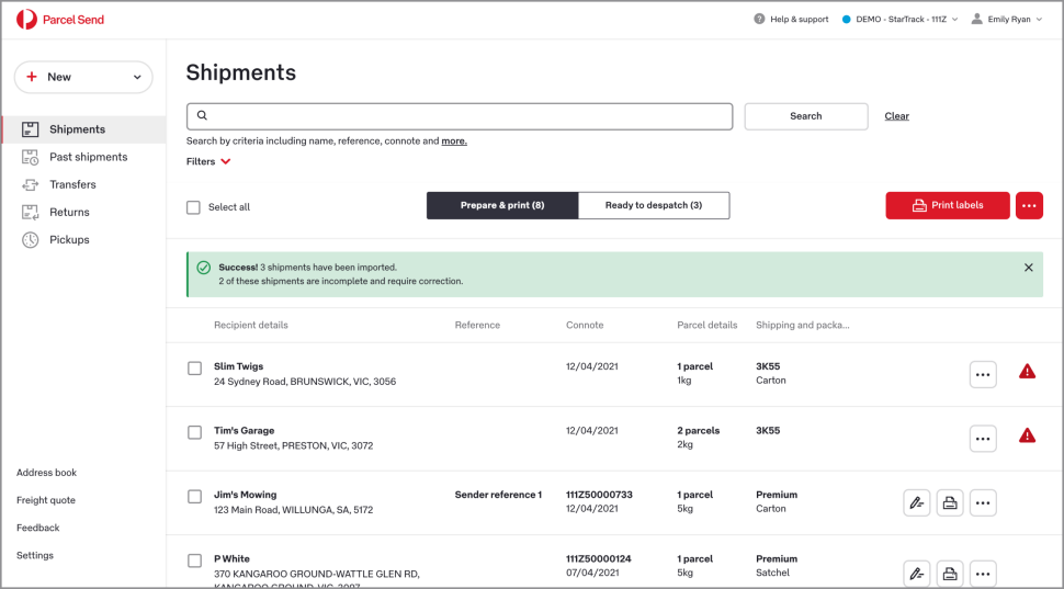 The shipment screen shows a green banner which says ’Success! 3 shipments have been imported. 3 of these shipments are incomplete and require correction.'