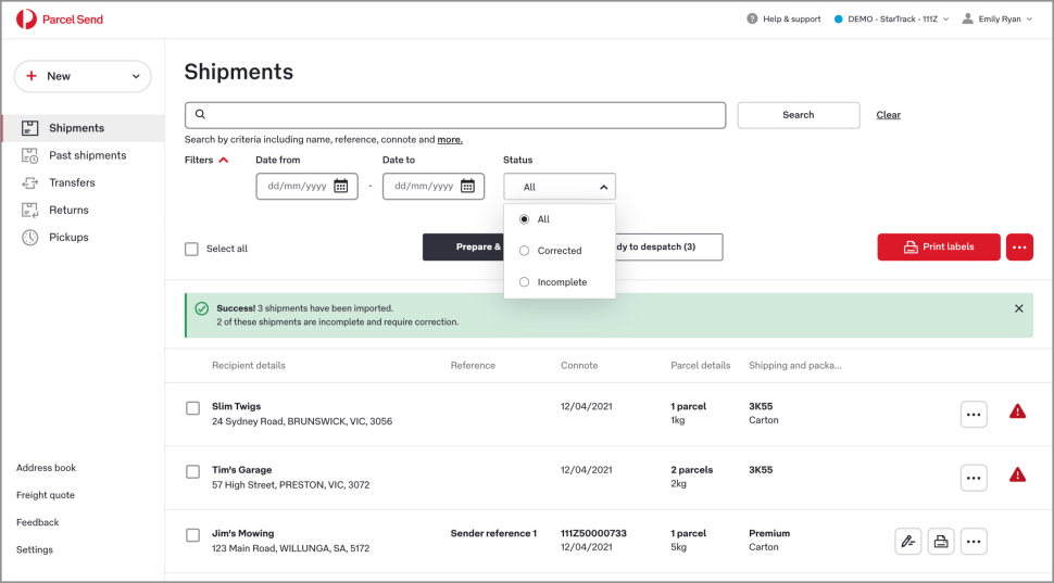 The shipments screen shows a search bar at the top. Below the search bar the filters have been expanded and there are ’Date from’ and ’Date to’ fields, and a ’Status’ drop down with the options ’All’, ’Completed’, and ’Incomplete’.