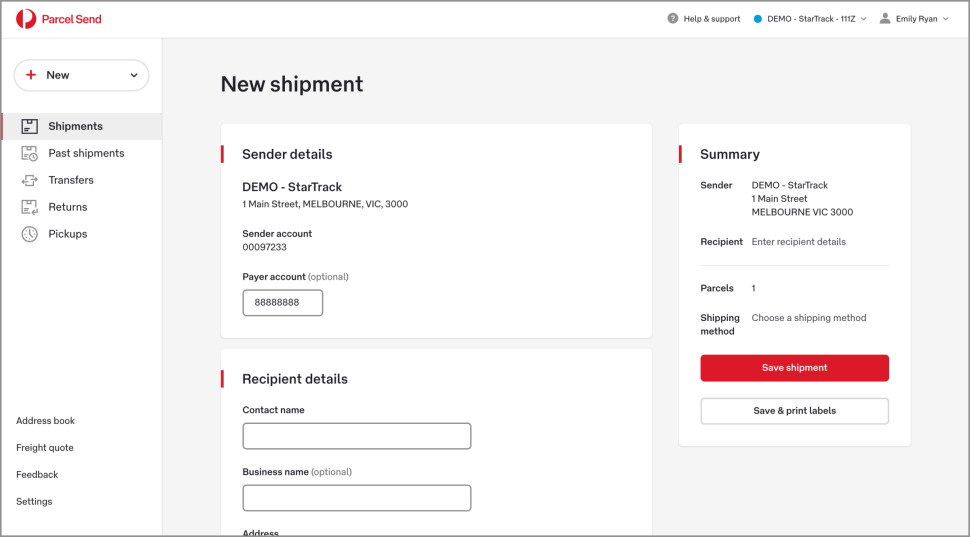 The New shipment screen shows Sender details at the top. 