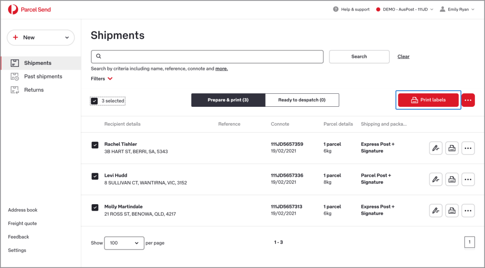 The Shipments page shows the Prepare & Print tab with three shipments selected.