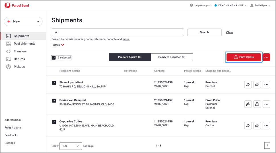 The Shipments page shows the Prepare & Print tab with three shipments selected.