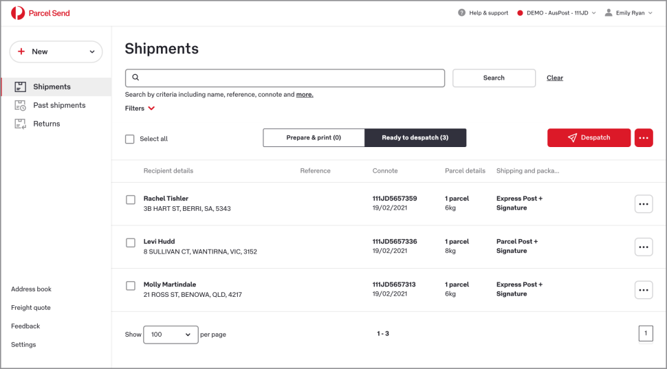 The Shipments page shows the Ready to despatch tab, which contains the three shipments that were just printed. 