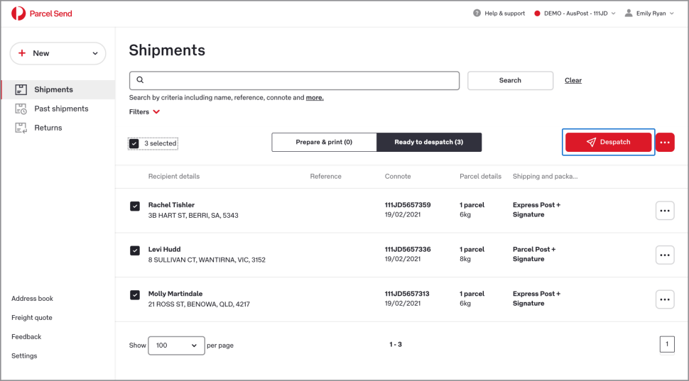 The Shipments page shows the Ready to despatch tab with three shipments selected.