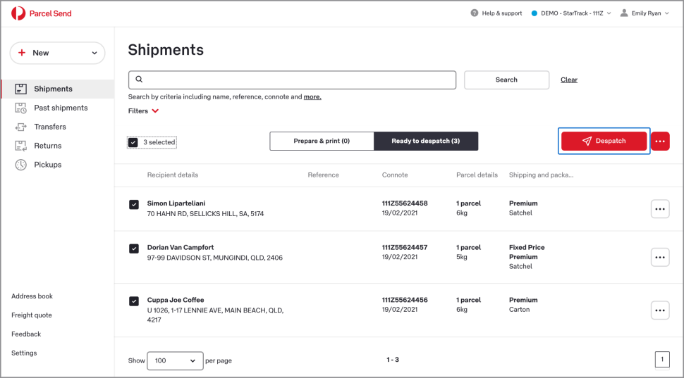 The Shipments page shows the Ready to despatch tab with three shipments selected.