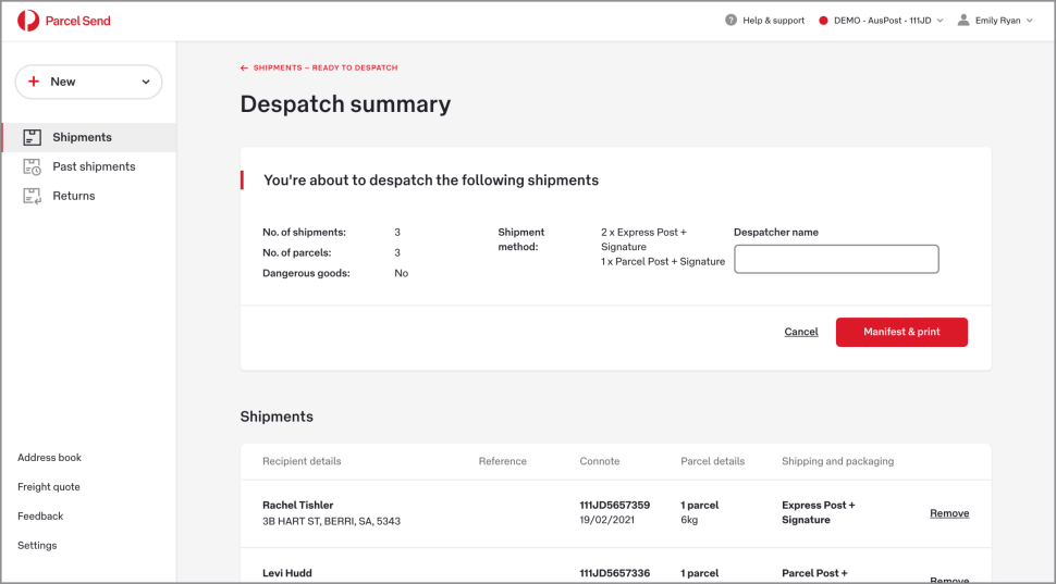 The Despatch summary page lists the number of shipments and parcels, whether the shipments contain dangerous goods, and the shipping methods. Below that the individual shipments are listed.