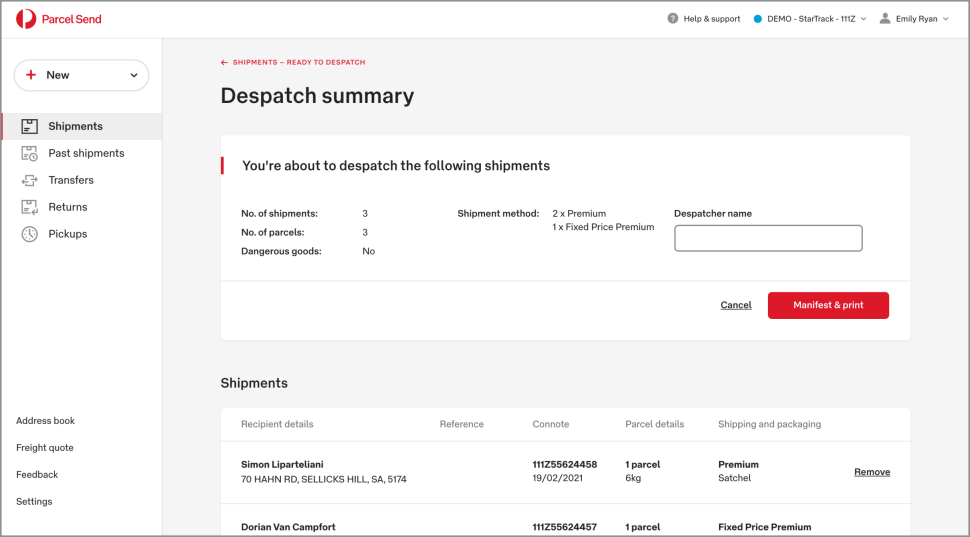 The Despatch summary page lists the number of shipments and parcels, whether the shipments contain dangerous goods, and the shipping methods. Below that the individual shipments are listed.