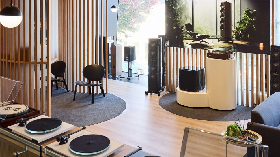 Interior of an audio store with turntables and speakers