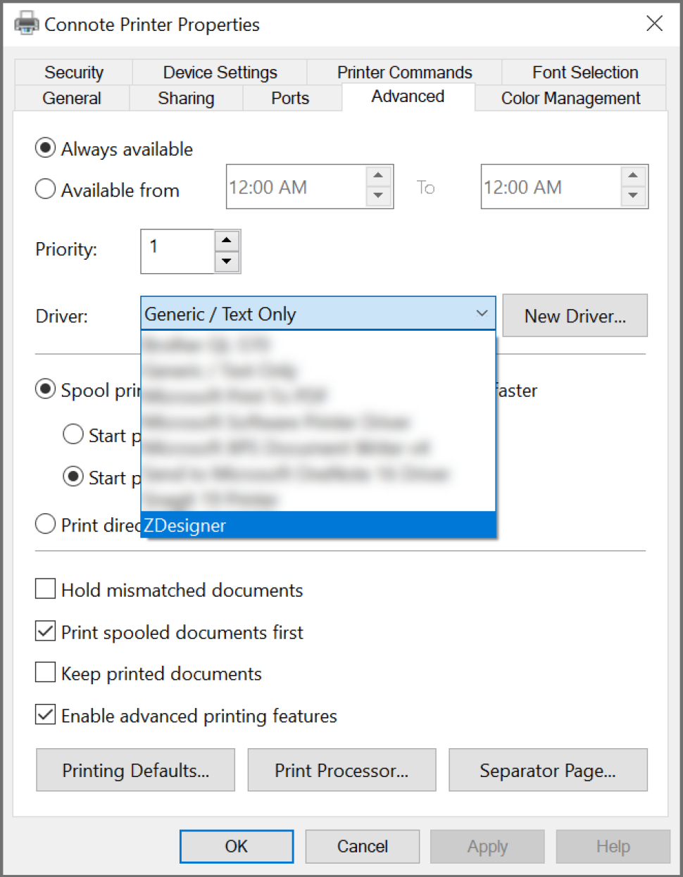 Choose ZDesigner or ZDesigner Plus in the Driver drop down menu.