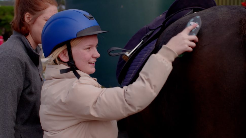 Teenage girl from West Moonah Community House brushing a horse.