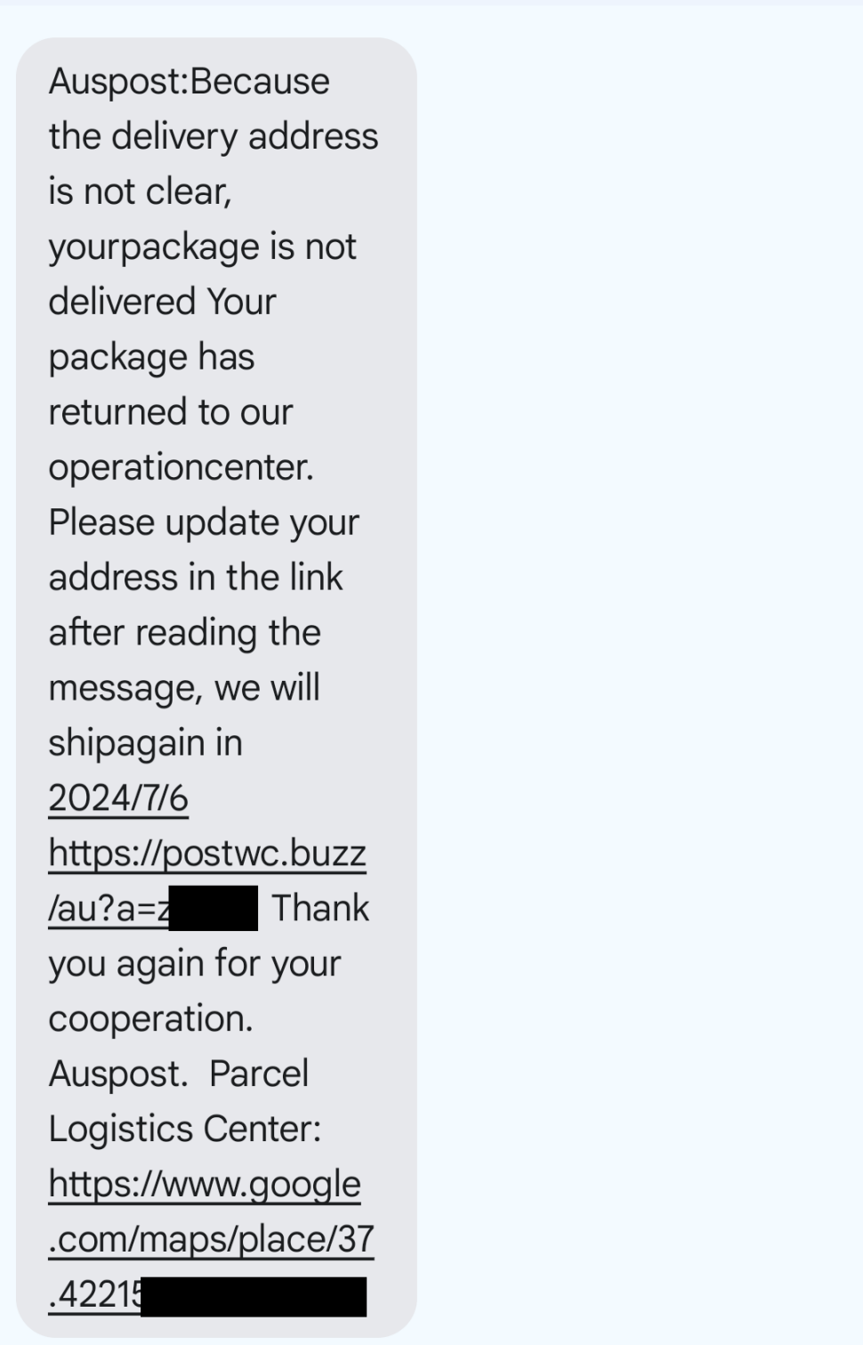 Screenshot of a phishing scam text message alerting about an undelivered package and prompting to update address details via a suspicious link, illustrating common tactics used in fraudulent schemes.