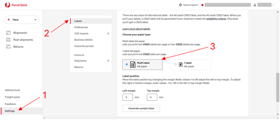 A screenshot of the Parcel Send platform label settings, with the Multi label A4 paper type selected.