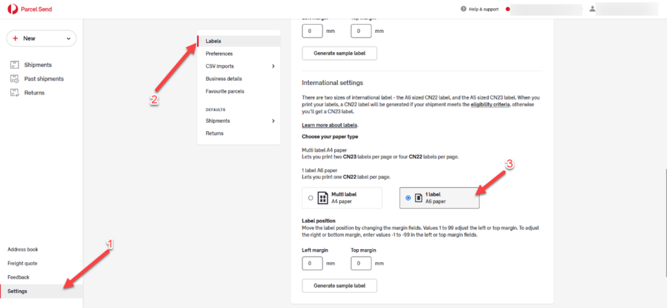 A screenshot of the Parcel Send platform label settings, with the 1 label A6 paper type selected.