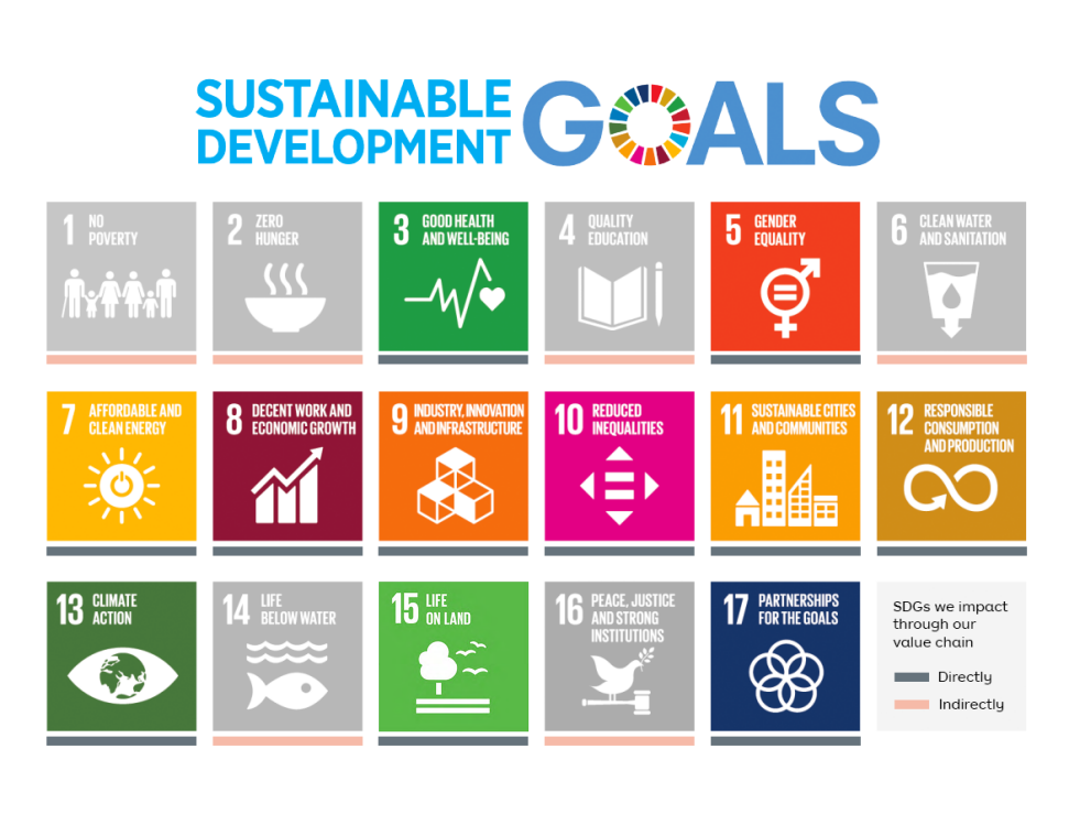 Poster with heading "Sustainable Development Goals" and 3 rows below the heading. Each row has 6 different coloured squares with decorative illustration representing the corresponding goal.↵Row 1:↵1. No poverty (illustration of group of diverse people) - shaded to show that we indirectly impact this goal↵2. Zero hunger (illustration of a bowl of soup) - shaded to show that we indirectly impact this goal↵3. Good health and well-being (illustration of heart rate)↵4. Quality education (illustration of book and pen) - shaded to show that we indirectly impact this goal↵5. Gender equality (illustration of male and female symbol as one with an equal sign)↵6. Clean water and sanitation (illustration of glass of water) - shaded to show that we indirectly impact this goal↵Row 2:↵7. Affordable and clean energy (illustration of power symbol)↵8. Decent work and economic growth (illustration of growth chart going up)↵9. Industry, innovation and infrastructure (illustration of building blocks)↵10. Reduced inequalities (illustration of equal sign within square pointing in 4 directions)↵11. Sustainable cities and communities (illustration of cityscape)↵12. Responsible consumption and production (illustration of figure 8 loop)↵Row 3:↵13. Climate action (illustration of globe)↵14. Life below water (illustration of fish) - shaded to show that we indirectly impact this goal↵15. Life on land (illustration of tree and birds) - shaded to show that we indirectly impact this goal↵16. Peace, justice and strong institutions (illustration of dove with olive branch in its beak perched on a gavel) - shaded to show that we indirectly impact this goal↵17. Partnerships for the goals (illustration of 5 rings joined together in a circle)