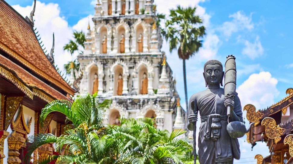 Temples and statues in the historic Wiang Kum Kam settlement along the Ping River; Tha Wang Tan, Saraphi District, Chiang Mai, Thailand.